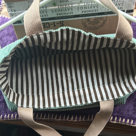 NWT MINT GREEN CORDUROY DRAW STING TOTE/ new/ fall green/ striped interior. Adj - Picture 3 of 12